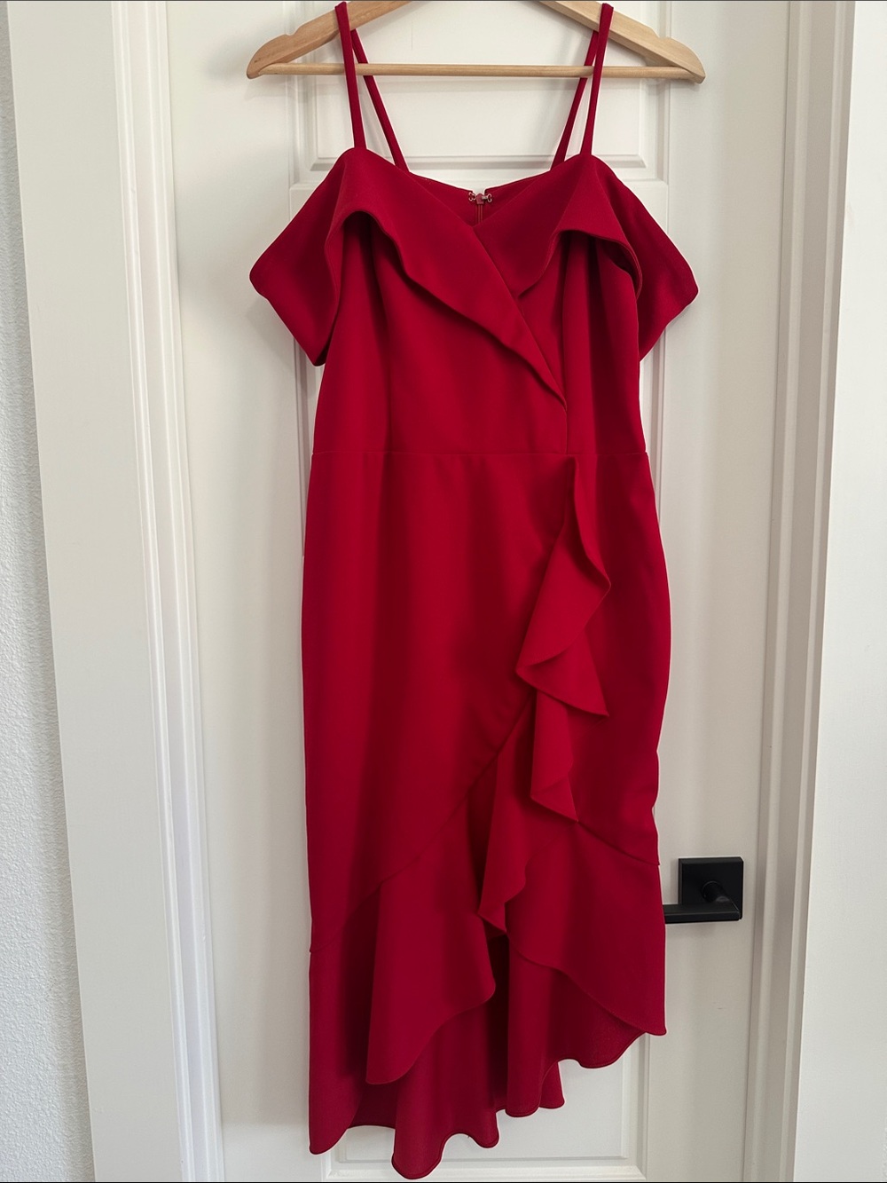 bebe Red Ruffle Off-Shoulder Midi Dress with Spaghetti Straps